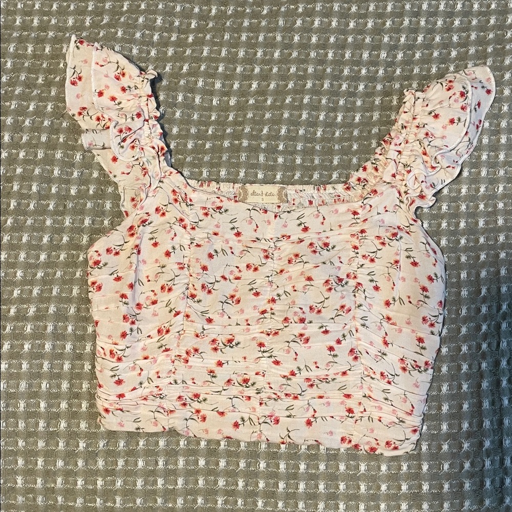 Altar'd State Floral Ruched Crop Top - Cream and Red